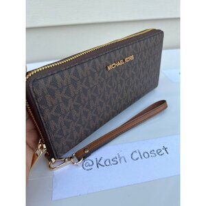 Michael Kors continental wristlet travel large wallet MK signature brown